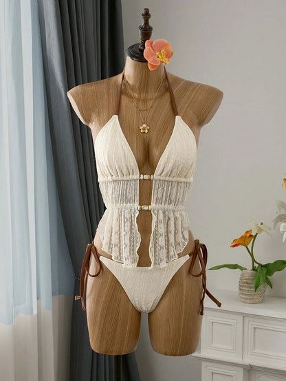 Cream Lace Halter Neck Tankini Set With Beaded Detail And Tie Side Bottoms