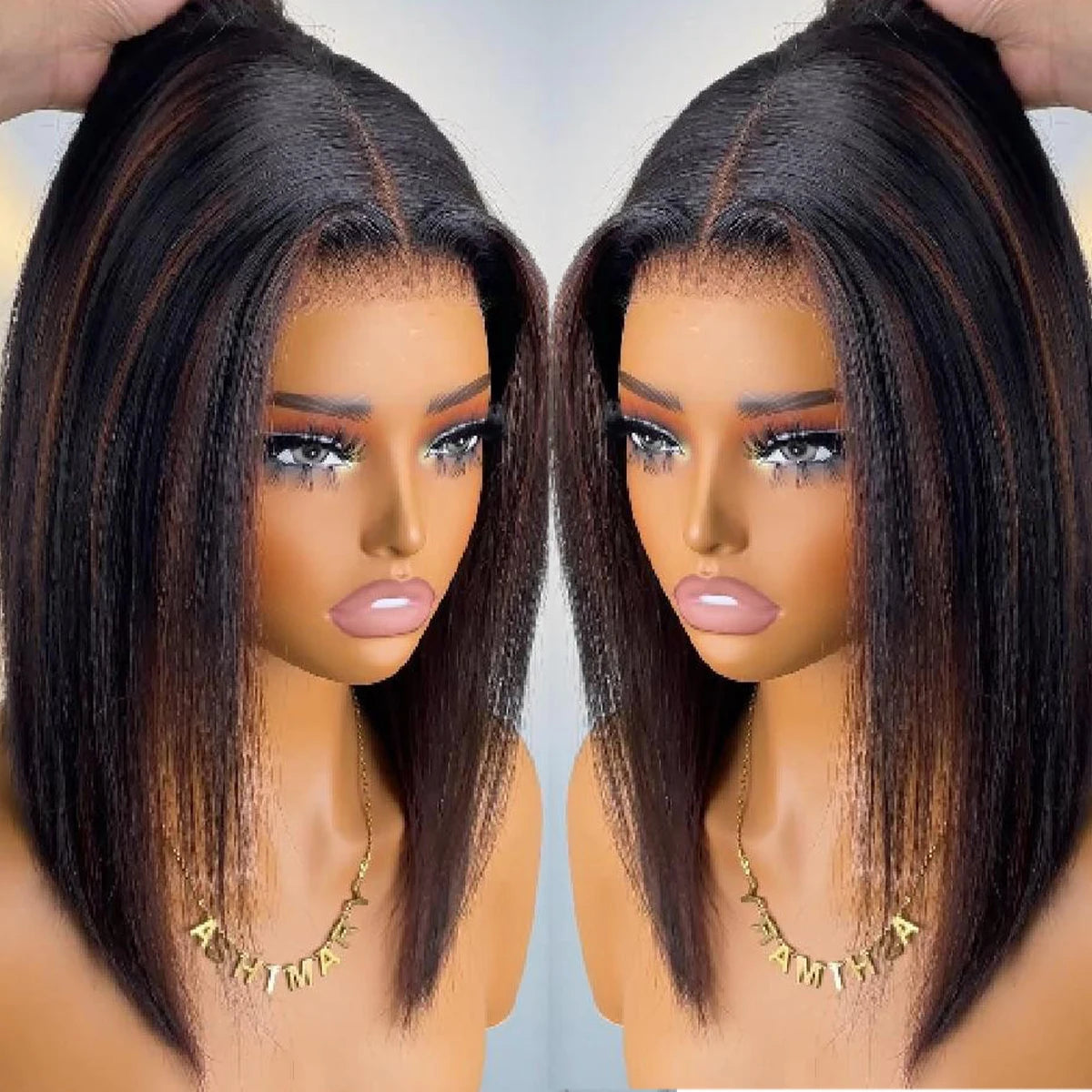Highlight Brown Glueless 400 Density Straight Wig No Glue Brazilian Human Hair 4x4/13x6 HD Lace Front Ready To Wear Wig 18 Inch