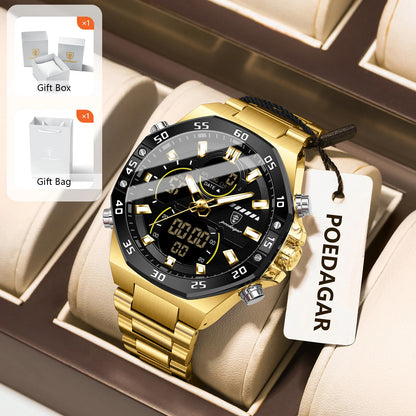 POEDAGAR Sport Men Watch LED Waterproof Week Date Digital Wristwatch Stainless Steel Quartz Military Men's Watches with Gift Box