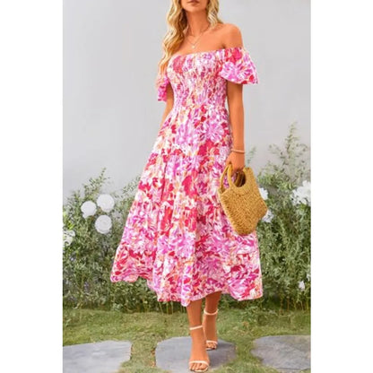 PRETTYGARDEN Women's Casual Summer Midi Dress Puffy Short Sleeve Square Neck Smocked Tie Ruffle Dresses