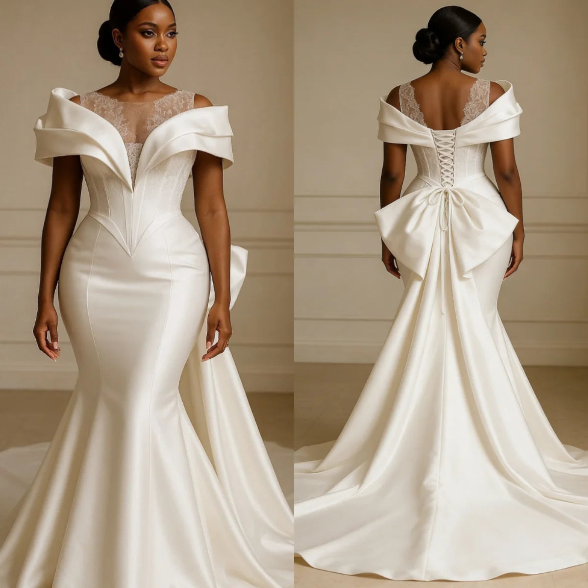 Customized 2026 African Style Mermaid Wedding Dress Luxury Satin Shoulder Design Lace Decoration Backless Strap Vestido De Novia