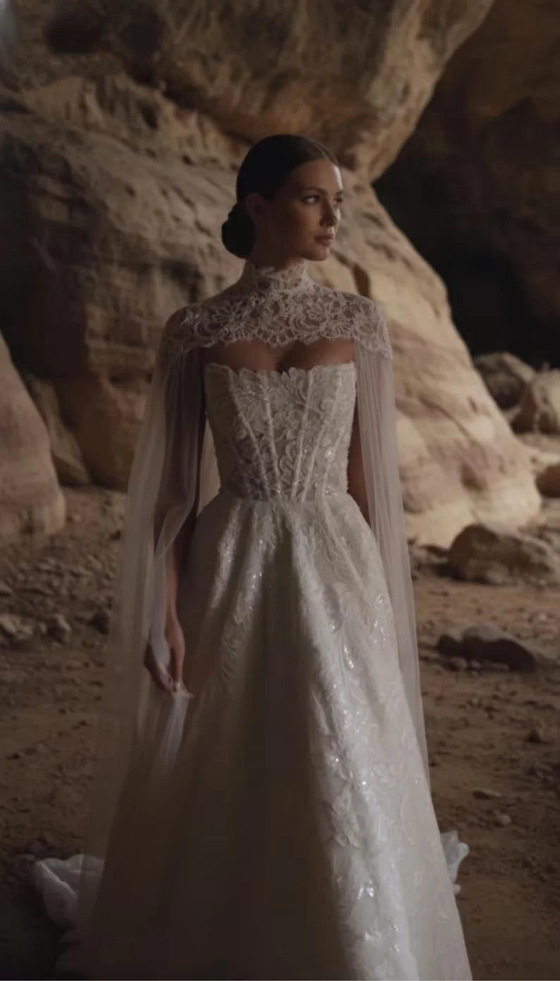 Gorgeous Lace High Neck Sparkling Wedding Dress Detachable Cloak Style Bride Dress Tight corset A-line Wedding Dress Customized