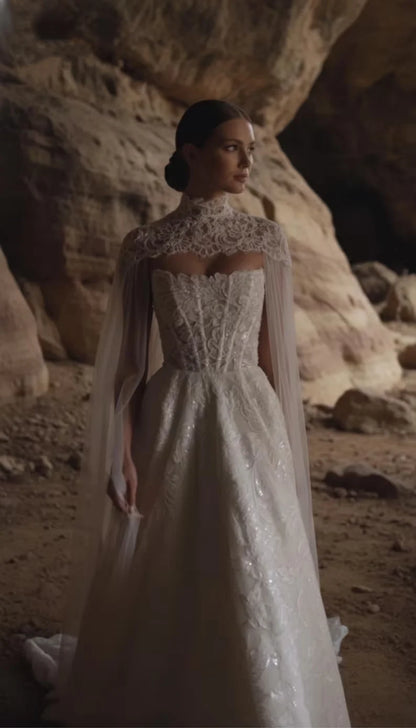 Gorgeous Lace High Neck Sparkling Wedding Dress Detachable Cloak Style Bride Dress Tight corset A-line Wedding Dress Customized