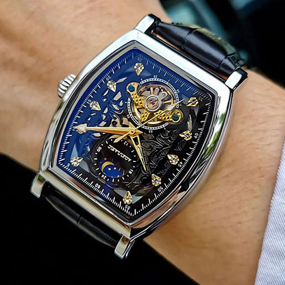 AOKULASIC Tourbillon Iced Out Skeleton Automatic Mechanical Watches for Men Luxury Moon Phase Casual Leather Strap Mens Watch