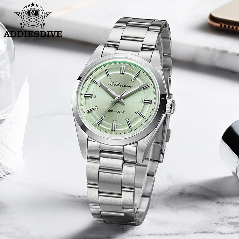 ADDIESDIVE Luxury Men Quartz Watch 36mm Super Luminous Bubble Mirror Glass Waterproof Watches For Man Stainless Steel Watch Male