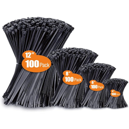 Zip Ties Assorted Sizes(4”+6”+8”+12”), 100/400 Pack Black Cable Ties UV Resistant Wire Ties