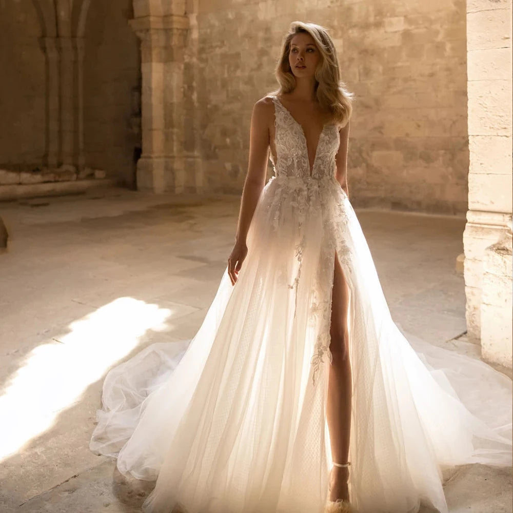 Exquisite V Neck Applique Wedding Dresses For Woman Sleeveless Side Silt Bridal Gowns Soft Tulles 2025 New vestidos de noviaEla