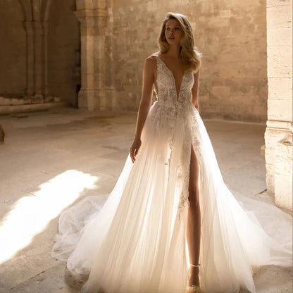 Exquisite V Neck Applique Wedding Dresses For Woman Sleeveless Side Silt Bridal Gowns Soft Tulles 2025 New vestidos de noviaEla