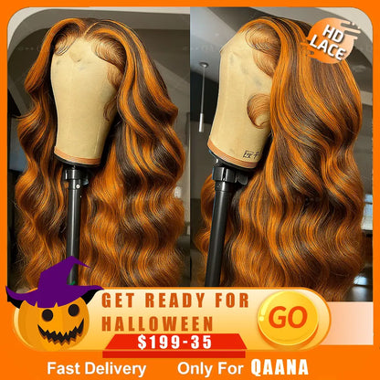 200% Ginger Brown Highlight Wig Human Hair Body Wave Pre Plucked Lace Front Wigs Ombre Ginger Orange Colored 5x5 Glueless Wigs