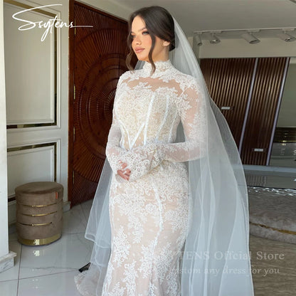 SSYTENS Lace Wedding Dresses High Neck Long Mermaid Bride Dress Saudi Arabia Bridal Gown Customized Luxurious vestidos de novia