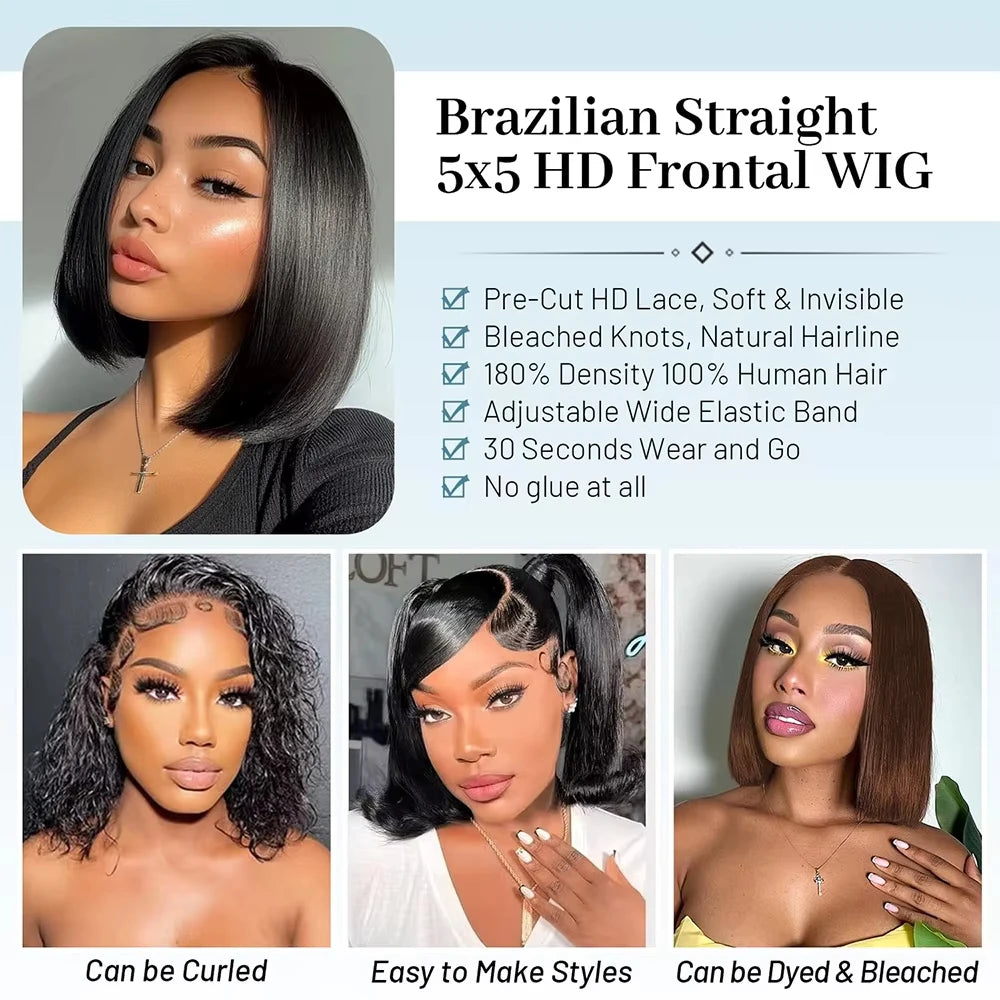 Glueless Wigs Human Hair Pre Plucked Wear and Go 5X5 Pre Cut HD Lace Closure Bob Wig Straight Short Bob Wig Human Hair for Women