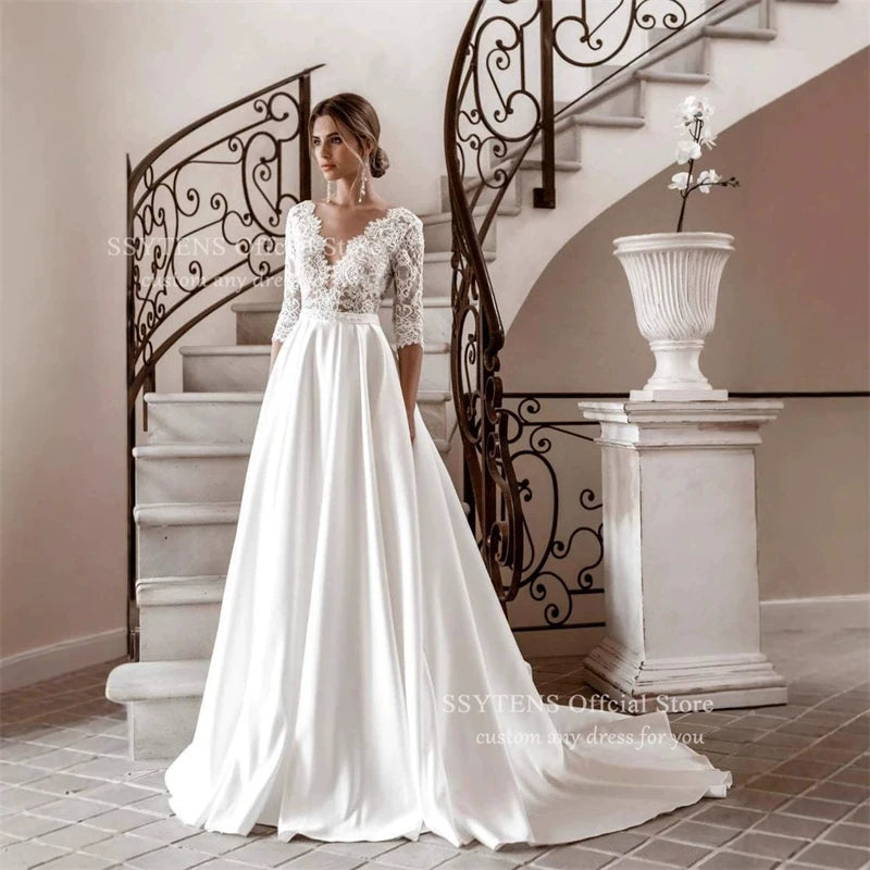 SSYTENS Customized Elegant Women's V-Neck Wedding Dressees Lace Applique Long Sleeved Elegant A-Line Bridal Gowns Formal Party