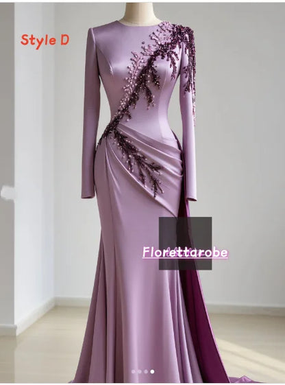 Florettarobe Exquisite Purple Satin Sequined Appliques Pleat  High Collar Long Midi Dress Bespoke Occasion 4 styles Customized