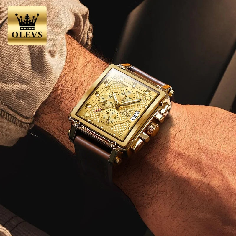 OLEVS brand mens watches waterproof Leather strap chronograph quartz watch for man date gold square dial genuine male wristwatch