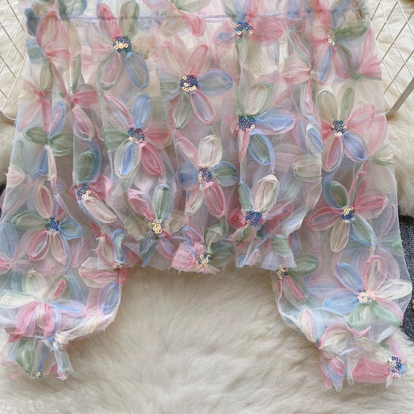 Women's Sheer Tulle Blouse with 3D Floral Appliques Long Puff Sleeves, Sequin Embellished, Transparent Mesh Top