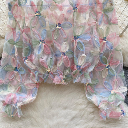 Women's Sheer Tulle Blouse with 3D Floral Appliques Long Puff Sleeves, Sequin Embellished, Transparent Mesh Top