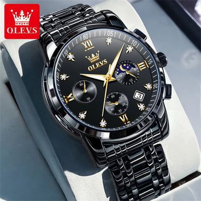 OLEVS Popular men's watches stainless steel black Moon Phase Chronograph quartz watch for man date Original brand wristwatch