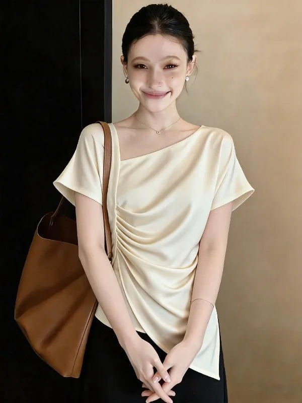 Elegant Acetate Satin Short Sleeve Shirt Women's plus Size Summer New Style Irregular Top Korean Style Loose Fit Commute Wind