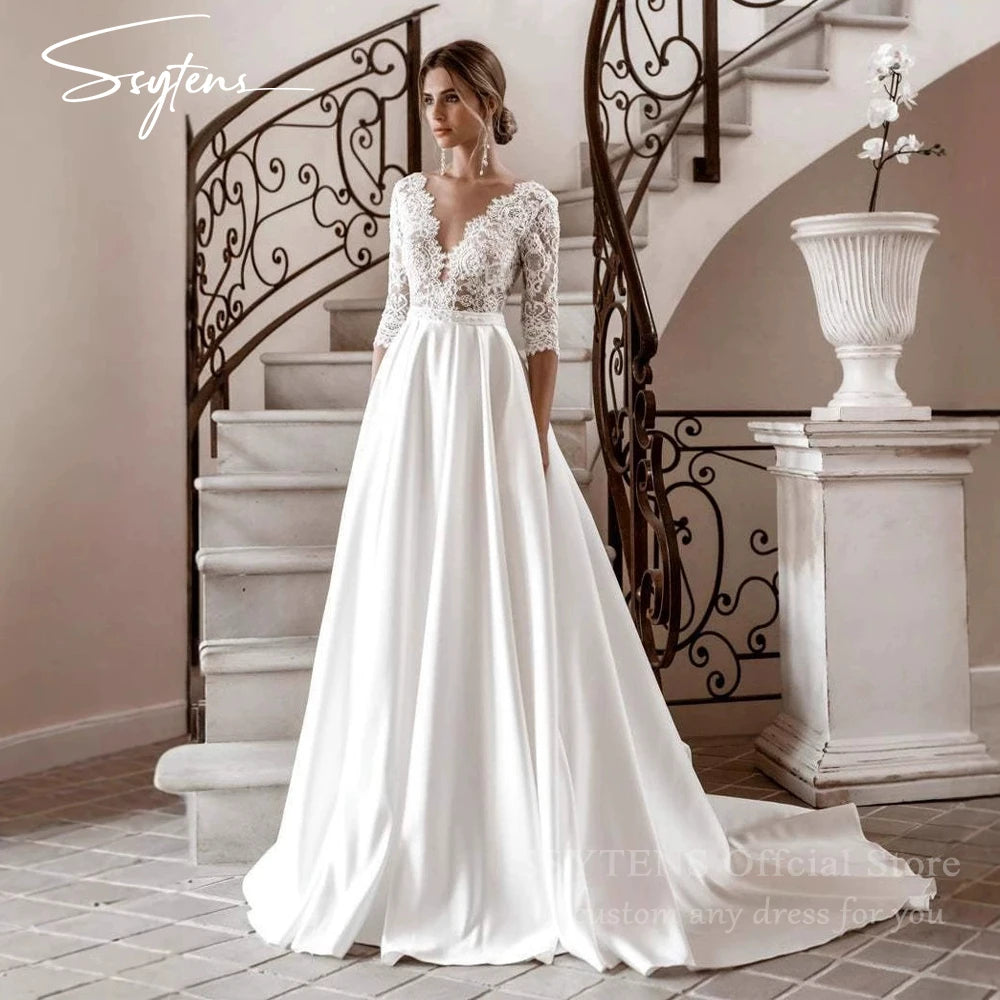 SSYTENS Customized Elegant Women's V-Neck Wedding Dressees Lace Applique Long Sleeved Elegant A-Line Bridal Gowns Formal Party