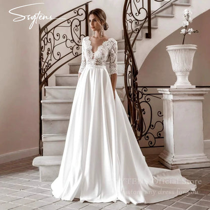 SSYTENS Customized Elegant Women's V-Neck Wedding Dressees Lace Applique Long Sleeved Elegant A-Line Bridal Gowns Formal Party