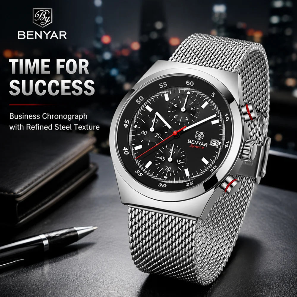 BENYAR Top Luxury Brand Men's Business Leisure Watch Mesh Band Quartz Timing Men's Watch 30 Meter Waterproof