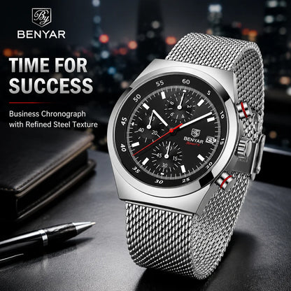 BENYAR Top Luxury Brand Men's Business Leisure Watch Mesh Band Quartz Timing Men's Watch 30 Meter Waterproof