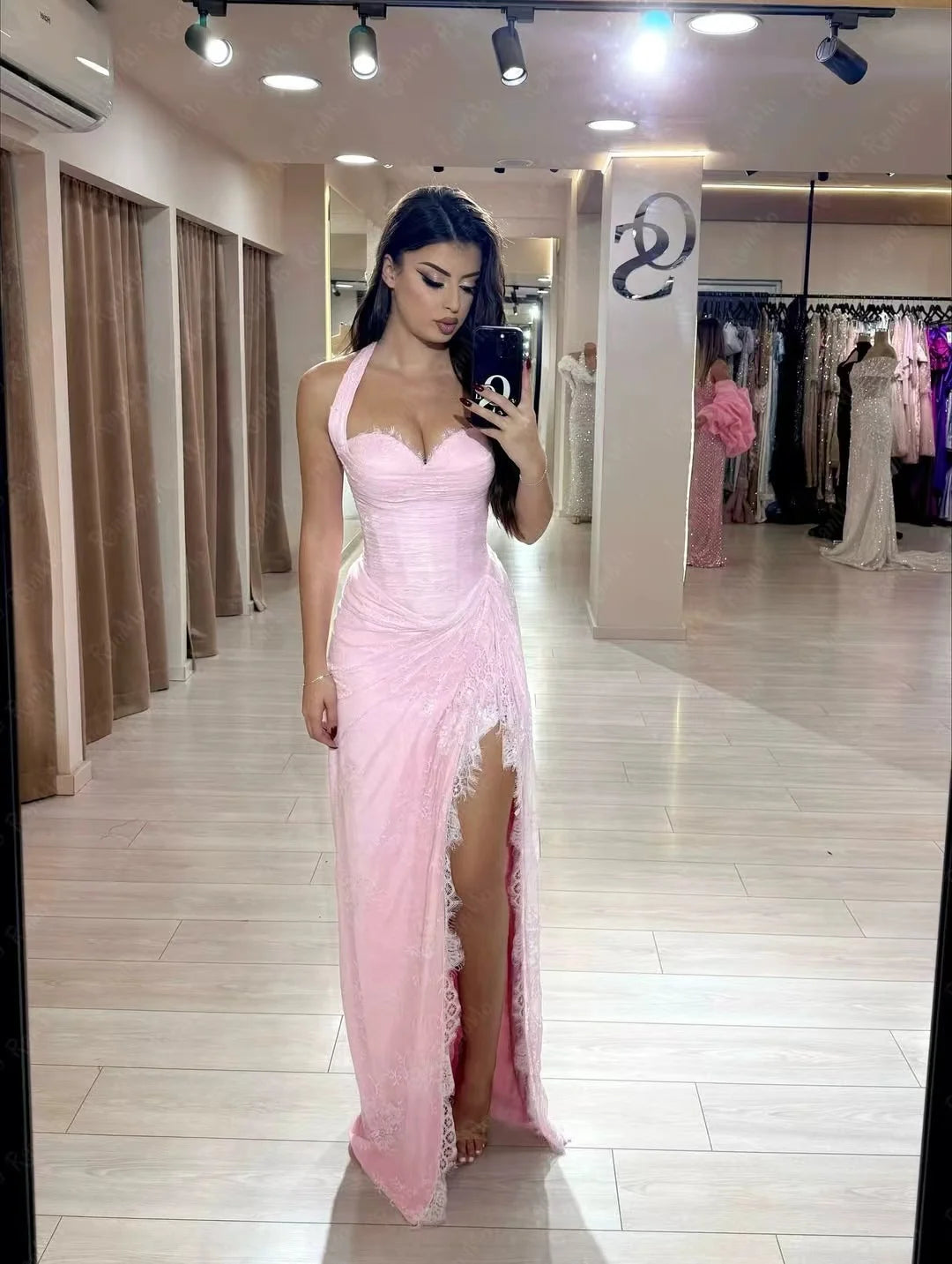 Ranmo Luxurious women's Pink Halter Sweetheart Collar Evening Dress 2026 A-line Side High Slit Pleat Lace Design Customized