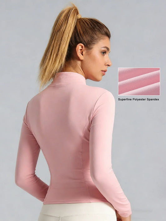 New Women Light Pink Yoga Coat Quick Dry Athletic Jacket with Zip Slim Fit Stand Up Collar Fitness Gym Workouts Outdoor Wear