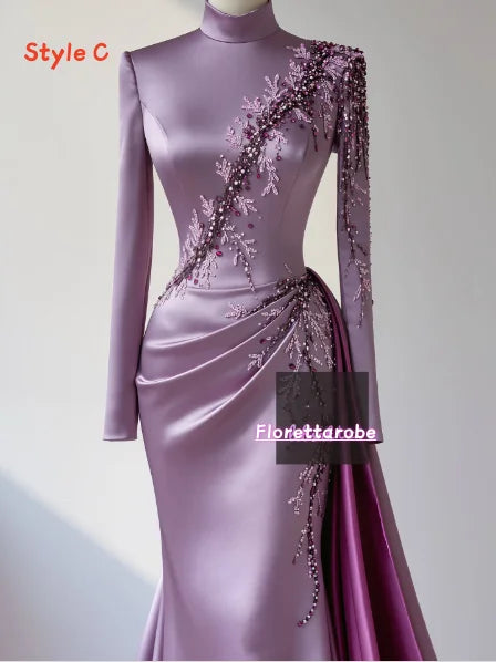 Florettarobe Exquisite Purple Satin Sequined Appliques Pleat  High Collar Long Midi Dress Bespoke Occasion 4 styles Customized