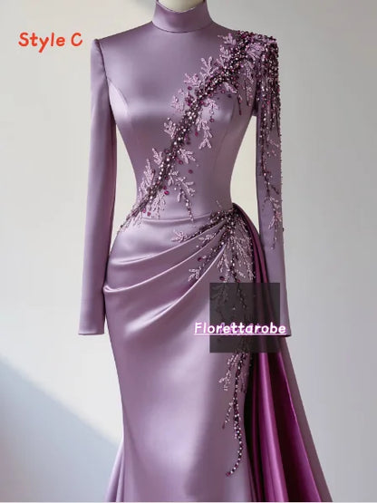 Florettarobe Exquisite Purple Satin Sequined Appliques Pleat  High Collar Long Midi Dress Bespoke Occasion 4 styles Customized