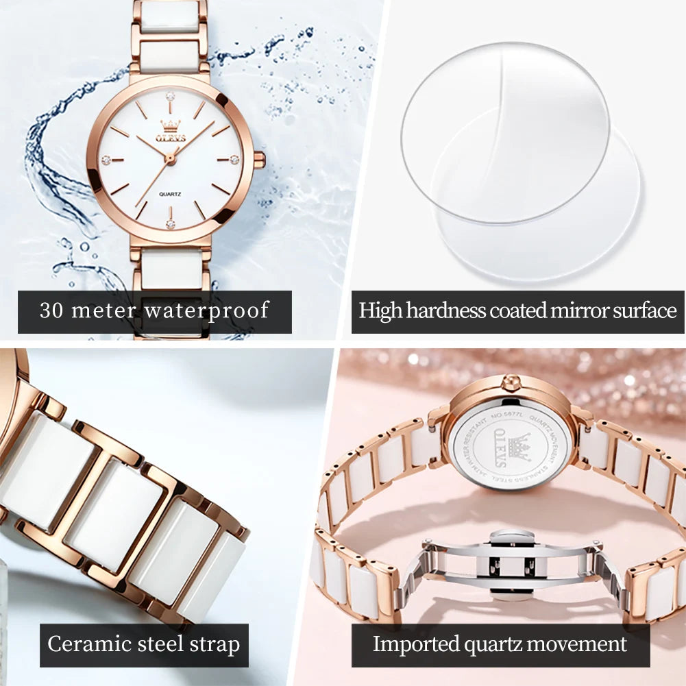 OLEVS Women Watch 5877 Luxury Elegant Quartz Watch Waterproof Luminous Ceramic Strap Ladies Watch Bracelet Set Gift Box Reloj