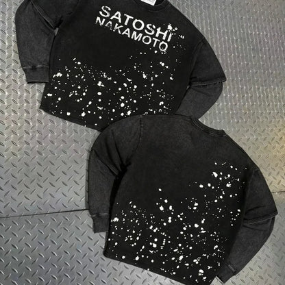 Handmade Ink Splashing Fading Letter Vintage Black SATOSHI Tshirts Hiphop Street Fake Two Piece Long Sleeve Men Women Shorts