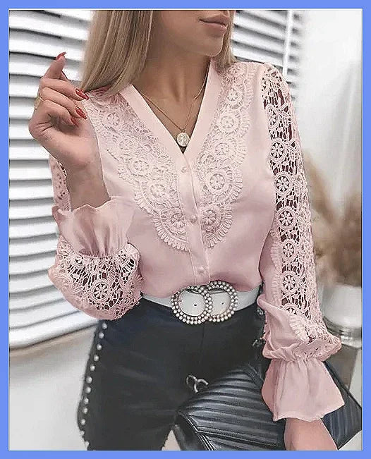 Elegant White Lace Hollow Panel Long Sleeve Blouse for Women, Office Lady Solid Top