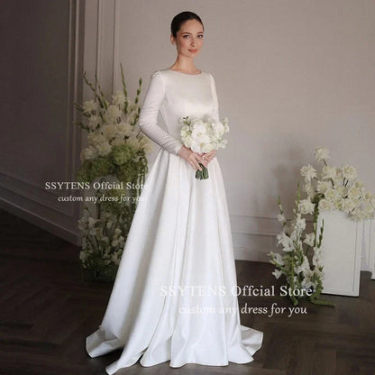 SSYTENS Elegant White Simple Wedding Dresses O-Neck Long sleeves Satin Draped Pleat A-line Floor-Length Bridal Gowns Customized