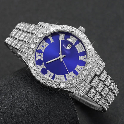 1PC Surprise Mystery Watch Blind Box-Fashion Full Diamond Men's Watch Stainless Steel Band Quartz Wristwatches Calendar Watches