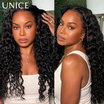 UNice Bye Bye Knots 7x5 Lace Water Wave Curly Wig With Drawstring Pre Cut Pre Bleached Glueless Wig Human Hair Ready To Wear