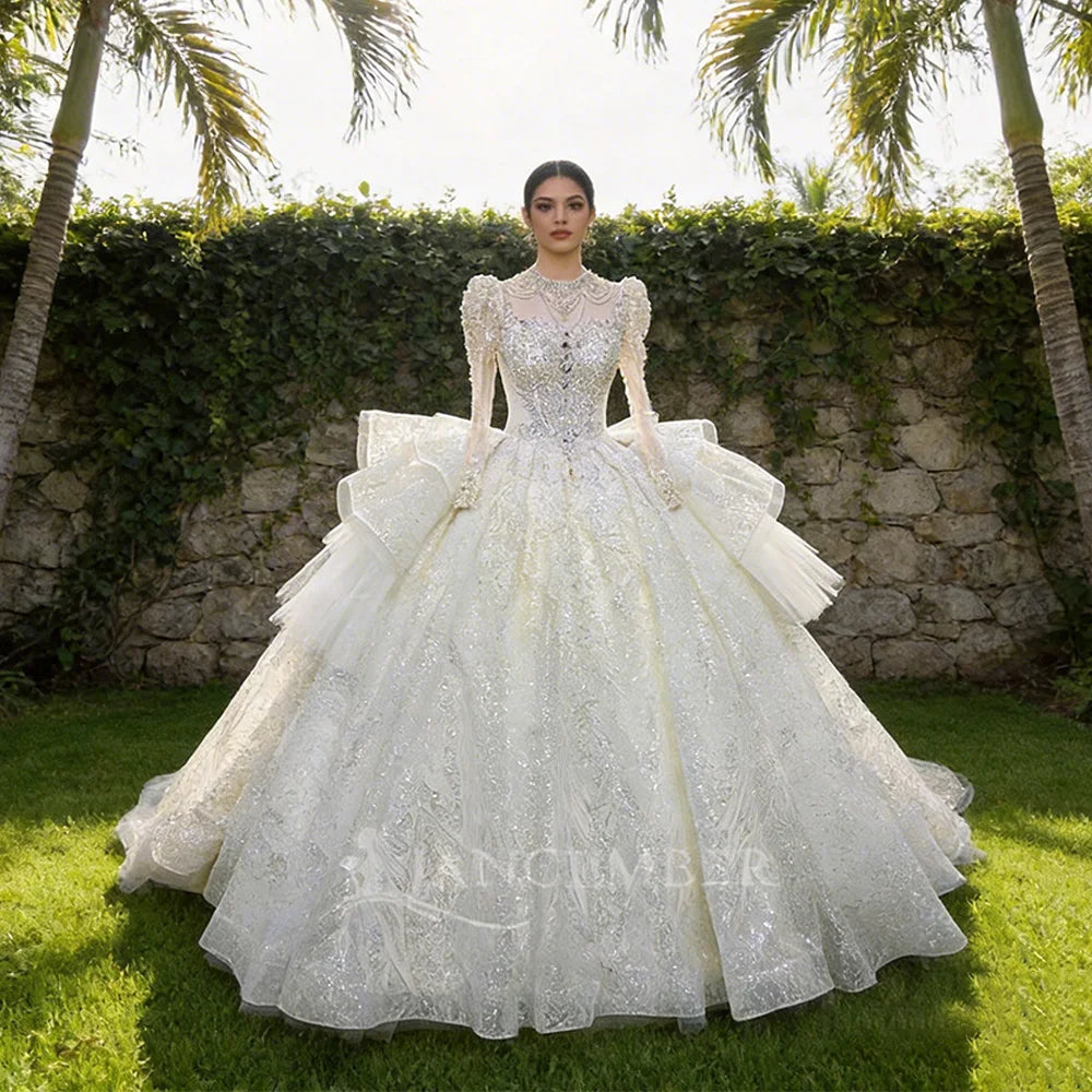 High Neck Chic Wedding Dress Corset Women High Quality Ball Gown Customized Romantic Long Sleeves Long Bride Wear robe de mariée