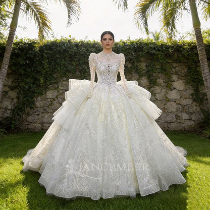 High Neck Chic Wedding Dress Corset Women High Quality Ball Gown Customized Romantic Long Sleeves Long Bride Wear robe de mariée
