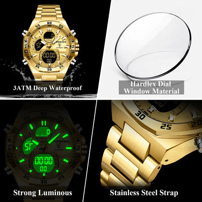 POEDAGAR Sport Men Watch LED Waterproof Week Date Digital Wristwatch Stainless Steel Quartz Military Men's Watches with Gift Box