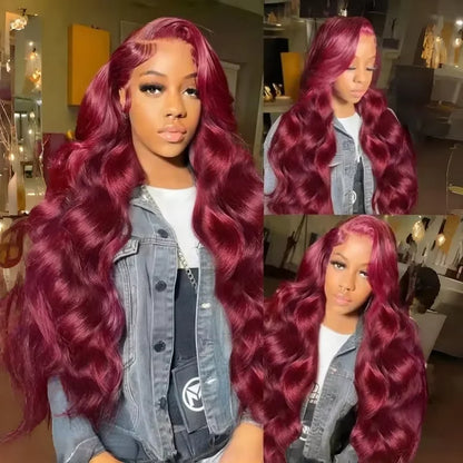 99J Dark Burgundy Colored Body Wave With Bangs Human Hair Wig 13x6 Lace Frontal Wig 13X6 Red Lace Front Human Hair Wigs 13X4 Burgundy 99J Lace Front Wigs Pre Plucked Black Women