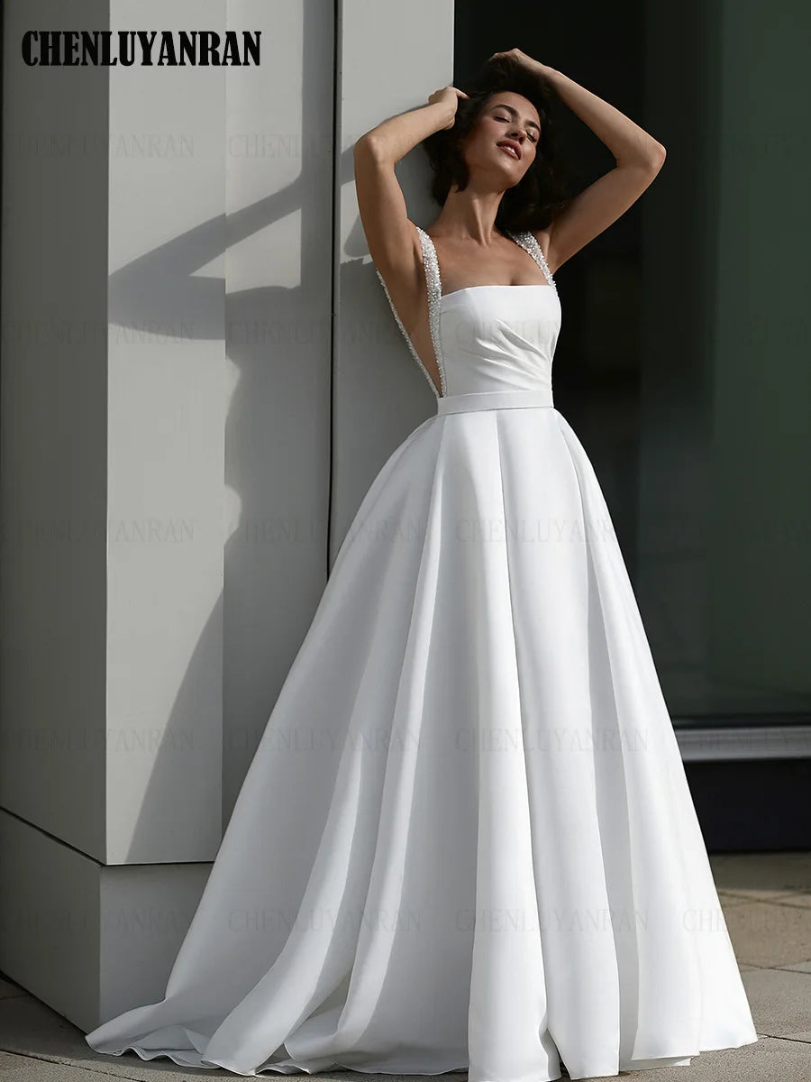 Satin Elegant Wedding Dresses For Women Beading A-line Long Wedding Gowns Slit Sexy Dresses For Wome 2025  فستان حفلات الزفاف