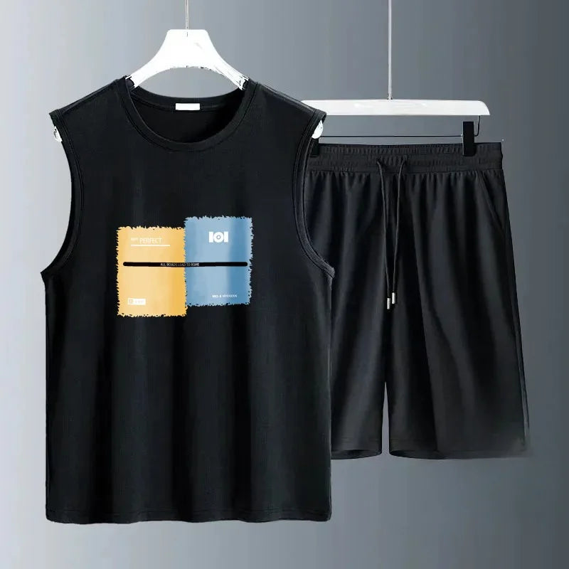 2026 Summer Tank top Set Casual Breathable 2 Piece T-shirt+Shorts Suit Men Tracksuit Loose Vest Jogging Sleeveless Men's Sets
