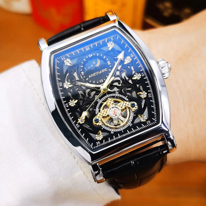 AOKULASIC Tourbillon Iced Out Skeleton Automatic Mechanical Watches for Men Luxury Moon Phase Casual Leather Strap Mens Watch