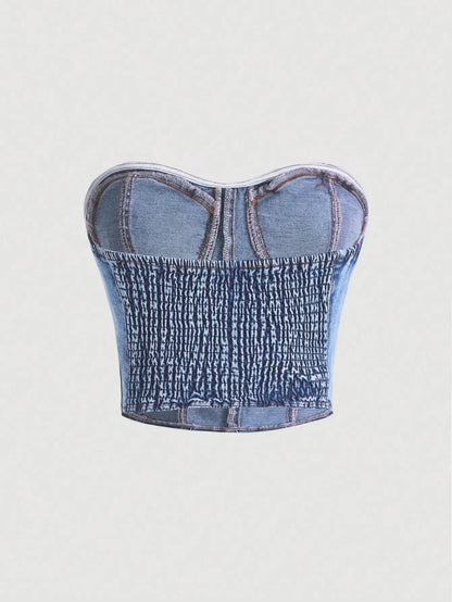 European style plunging neck denim spring new style sexy and intense allure fitted waist shaping design