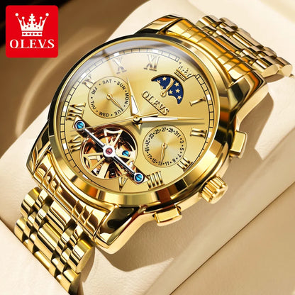 OLEVS 6617 Men's Classic Mechanical Watch Waterproof Business Stainless Steel Strap Watch  Sun And Moon 30M Waterproof Watch