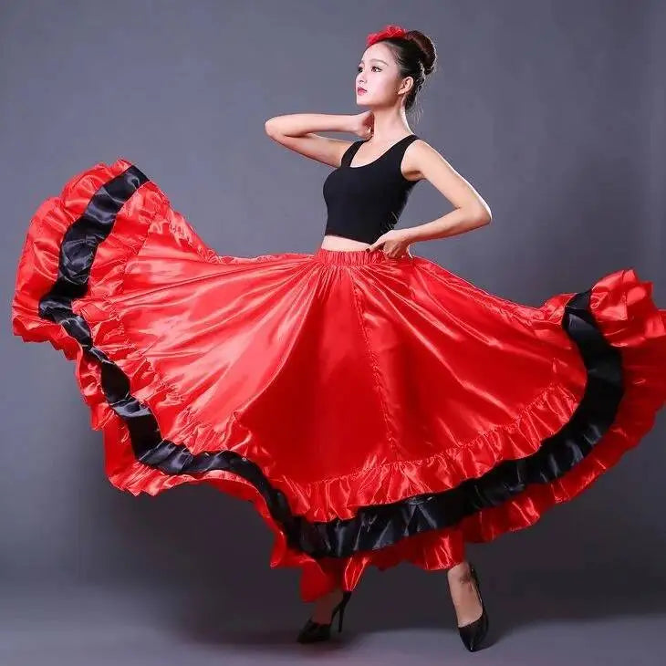 Skirt Gypsy Woman Spanish Flamenco Polyester Satin Smooth Big Swing Carnival Party Ballroom Belly Dance Costumes Dress