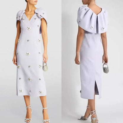Customized Jersey Flower Sequined Ruched Evening A-line V-neck Bespoke Occasion Gown Midi Dresses