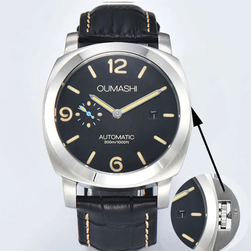44mm Men's Watch Seagull ST2555 Movement Stainless Steel Case Automatic Mechanical Watch Strength Mineral Glass Leather Bracelet