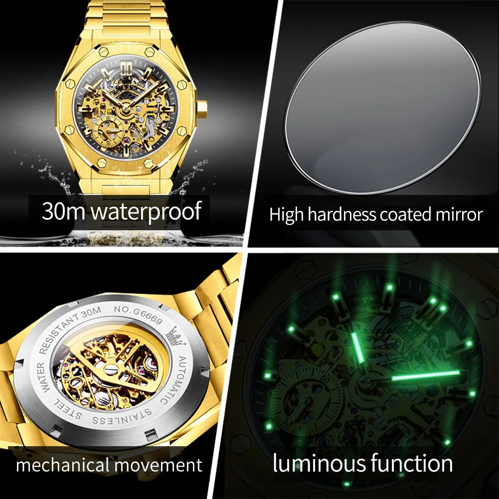 OLEVS 6669 Fully Hollow Men's Watch Octagonal Bezel Luxury Automatic Mechanical Watch Men's 30M Waterproof Man Wristwatches