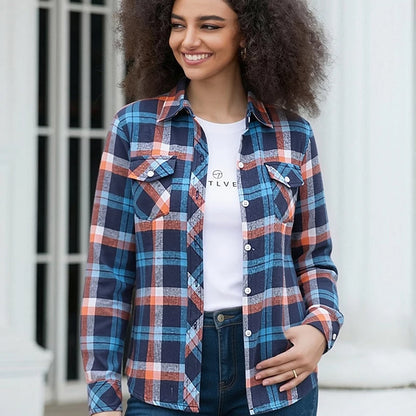 Women's Plaid Flannel Shirt Casual Long Sleeve Button Down Blouse Loose Fit Plaid Top For Spring Fall Daily Wear